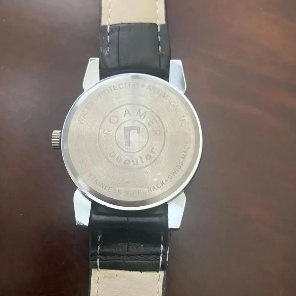 Roamer Black Leather satin blue dial vintage Rare 36mm Men's Watch